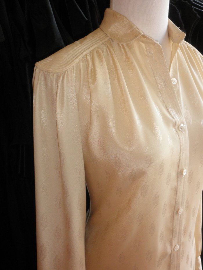 Vintage 1970s Lanvin creamy shirtdress in a satiny print (look closely to see this great pattern and detail) from verybestvintage on etsy. $62. 