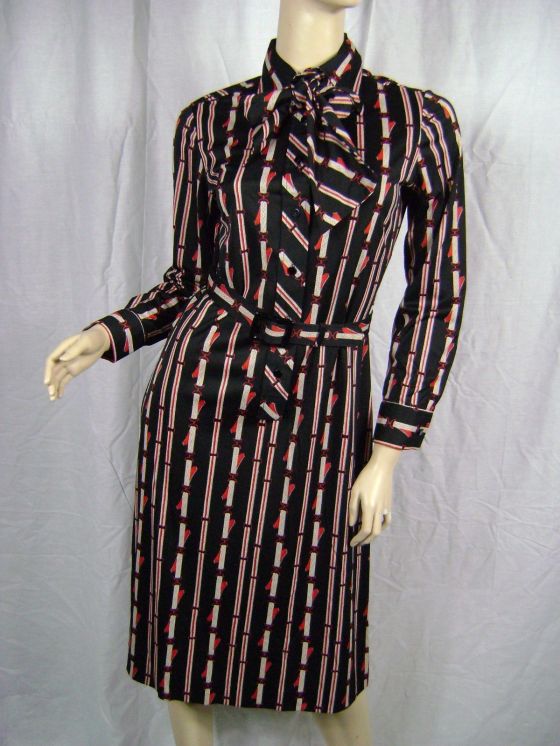Vintage 1970s Lanvin equestrian-print, shirtdress with matching neck tie and belt, purchased on eBay for $25.